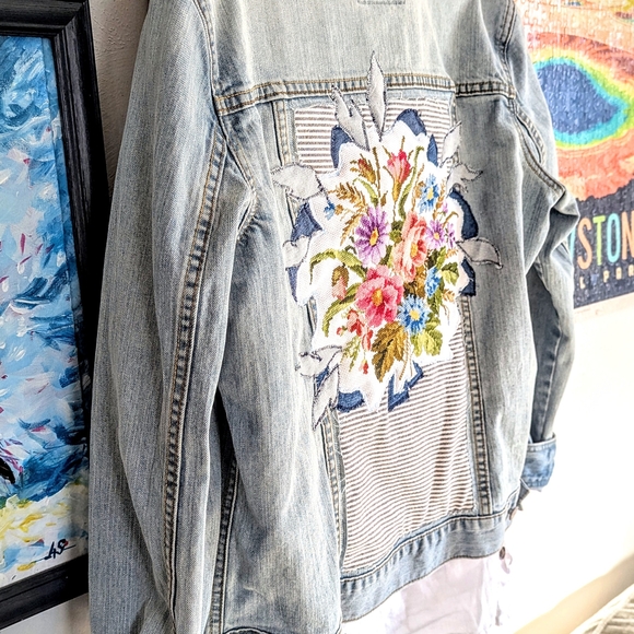Light Wash Upcycled Hand-Stitched Denim Jacket, Size XL - Picture 3 of 7